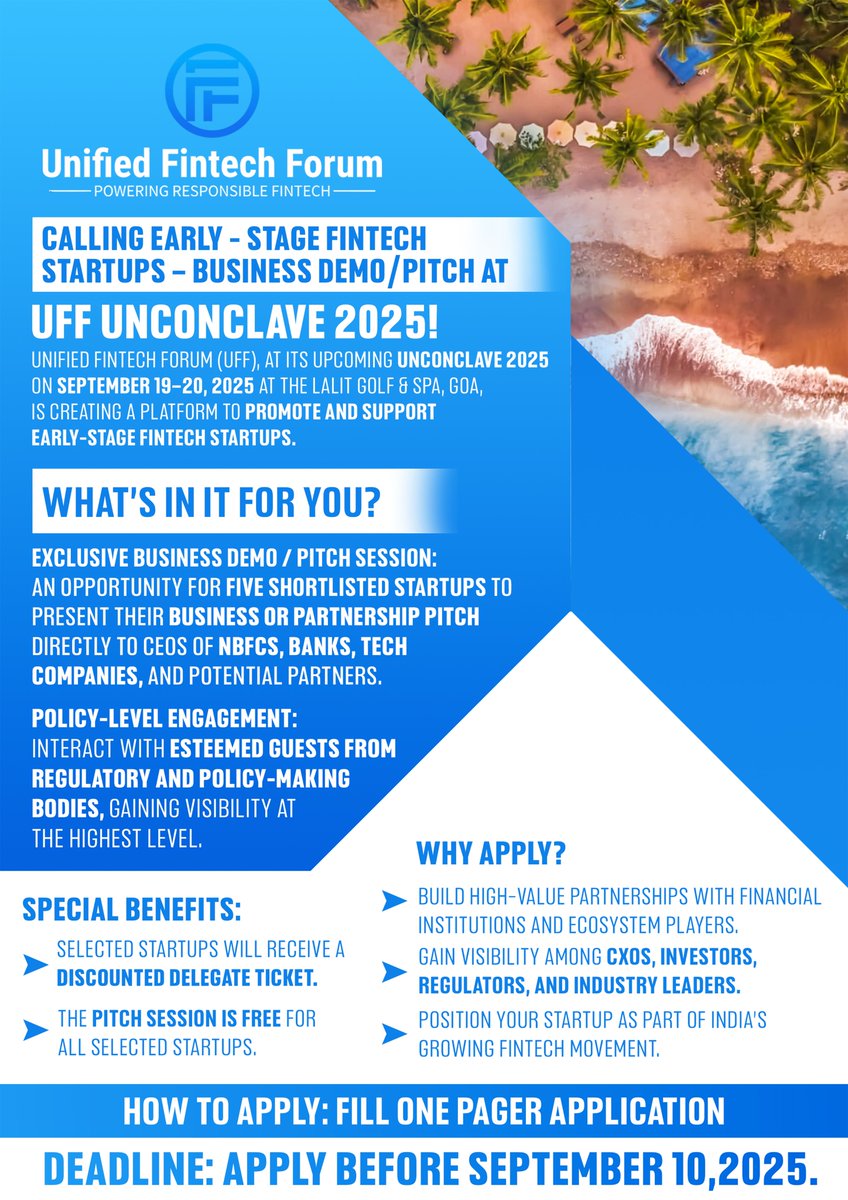 UFF (formerly,DLAI) (@unifiedfintech) on Twitter photo If you’re an early-stage fintech startup, Hurry-up , we have limited seats - click the link and apply : bit.ly/3HQo2g0
<a href="/FinTechStartups/">FinTech</a> <a href="/Fintechstartup_/">Fintech startup accelerator</a> <a href="/IIMAVentures/">IIMA Ventures</a> If you’re an early-stage fintech startup, Hurry-up , we have limited seats - click the link and apply : bit.ly/3HQo2g0
<a href="/FinTechStartups/">FinTech</a> <a href="/Fintechstartup_/">Fintech startup accelerator</a> <a href="/IIMAVentures/">IIMA Ventures</a>