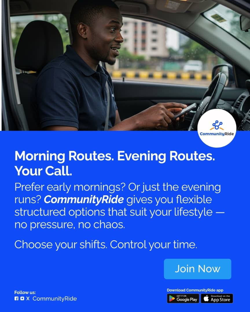 CommunityRideNG's tweet image. ✨ Happy New Month, Lagos! ✨
This September, take control of your time. 🚘
With CommunityRide, you choose when to drive — morning routes, evening runs, or both.
No pressure. Just steady income on your own terms.

👉 Drive smart. Earn steady
#CommunityRide #HappyNewMonth #BBNaija