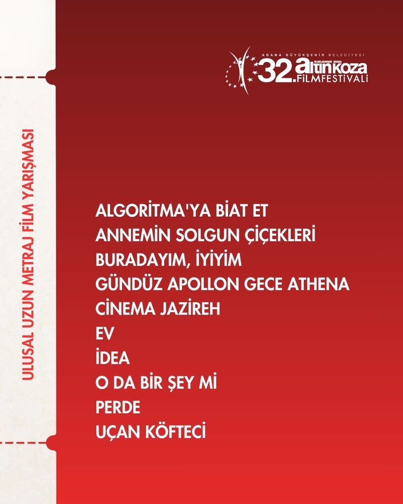 22-28 Eylül tarihlerinde gerçekleşecek 32. Uluslararası Adana Altın Koza Film Festivali’nin heyecanla beklenen Ulusal Uzun Metraj Film Yarışması’nda finale kalan filmler belli oldu. 
Bu yıl yarışmada 10 film yarışırken, 4 film de dünya prömiyerini Adana’da gerçekleştirecek.