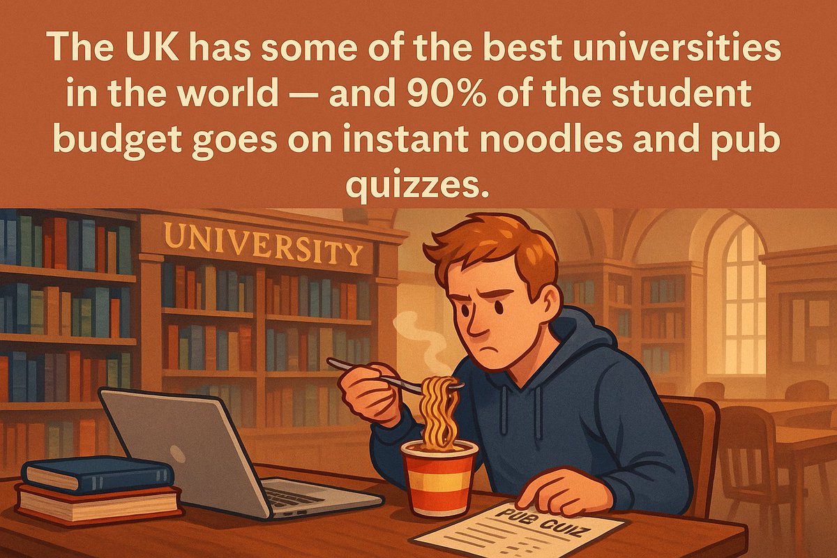 a_j_carlin's tweet image. Inspired by the Lionesses, from 01/08/2025, I am posting a positive message about life in Britain today, for a year.   Today’s is:  In Britain, “The UK has some of the best universities in the world — and 90% of the student budget goes on instant noodles and pub quizzes”  #day31