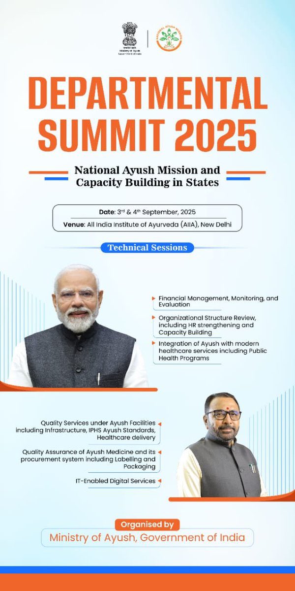 Prataprao Jadhav (@mpprataprao) on Twitter photo आयुष मंत्रालय द्वारा आदरणीय प्रधानमंत्री श्री <a href="/narendramodi/">Narendra Modi</a> जी के नेतृत्व में
‘राष्ट्रीय आयुष मिशन एवं राज्यों में क्षमता निर्माण’ पर विभागीय शिखर सम्मेलन का आयोजन किया जा रहा है।
📅 3-4 सितम्बर 2025 | 📍 AIIA, सरिता विहार, नई दिल्ली
यह 2-दिवसीय राष्ट्रीय सम्मेलन होगा :
🔹 आयुष मंत्रालय द्वारा आदरणीय प्रधानमंत्री श्री <a href="/narendramodi/">Narendra Modi</a> जी के नेतृत्व में
‘राष्ट्रीय आयुष मिशन एवं राज्यों में क्षमता निर्माण’ पर विभागीय शिखर सम्मेलन का आयोजन किया जा रहा है।
📅 3-4 सितम्बर 2025 | 📍 AIIA, सरिता विहार, नई दिल्ली
यह 2-दिवसीय राष्ट्रीय सम्मेलन होगा :
🔹