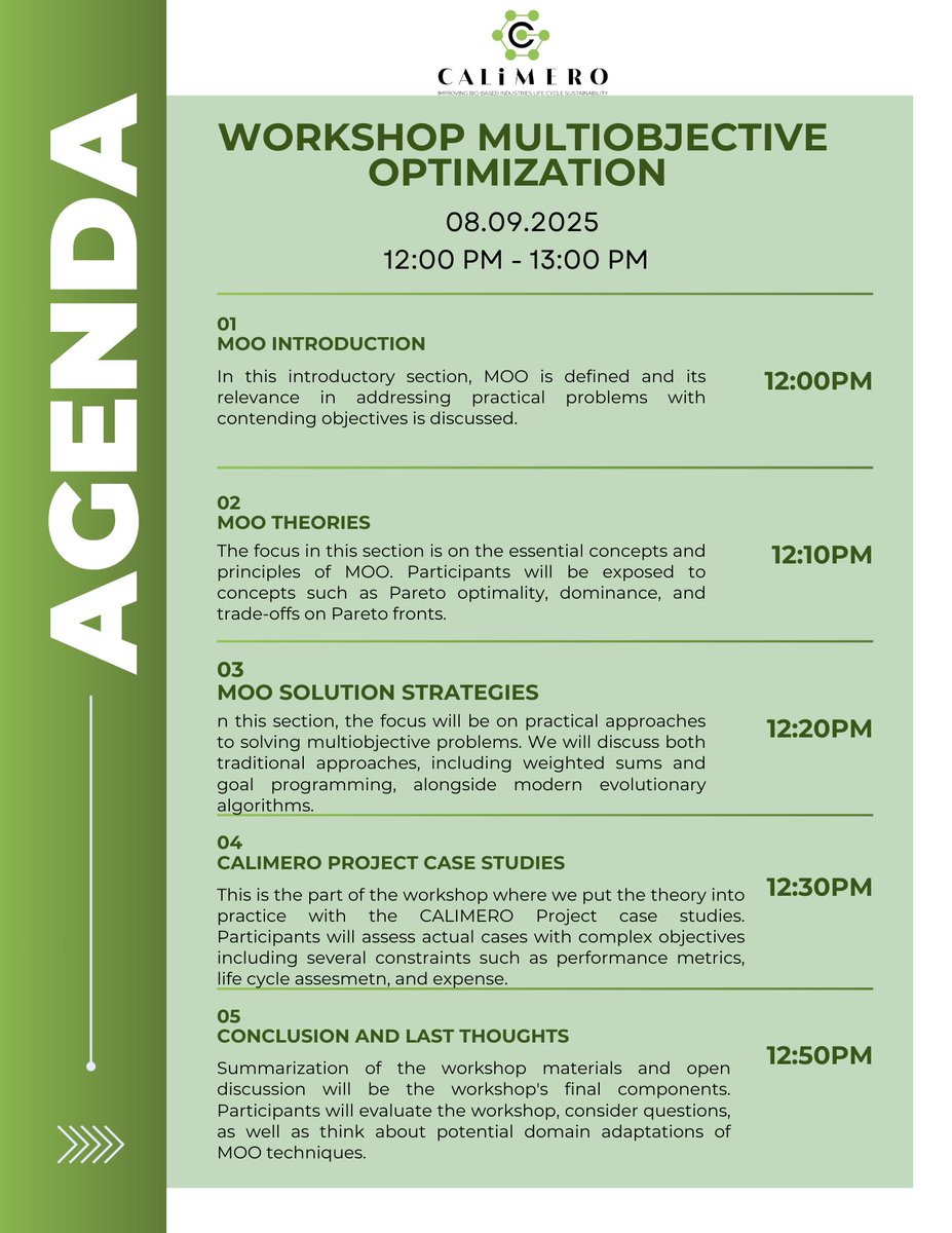 Calimero Project (@calimero_he) on Twitter photo π’ The agenda is out!
Join the <a href="/CALIMERO_HE/">Calimero Project</a> Workshop on Multiobjective Optimization π 8 Sept 2025 | π 12:00β13:00 CET
Explore MOO theories, solution strategies & CALIMERO case studies. π’ The agenda is out!
Join the <a href="/CALIMERO_HE/">Calimero Project</a> Workshop on Multiobjective Optimization π 8 Sept 2025 | π 12:00β13:00 CET
Explore MOO theories, solution strategies & CALIMERO case studies.