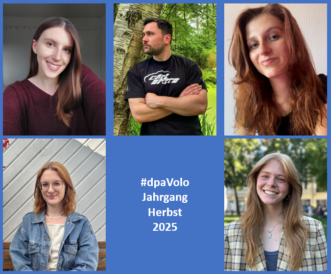 Heute starten fünf junge Nachwuchsjournalist/innen ihre Ausbildung bei der <a href="/dpa/">dpa</a>. Im multimedialen #dpaVolo werden sie zu Redakteur/innen ausgebildet - in Text, Foto, Video und Audio. Herzlich wilkommen <a href="/LeaW_M/">Lea</a>, <a href="/JenniferxK78710/">JenniferxKramerx</a>, <a href="/ce_line00/">Celine</a>, <a href="/k_luxenburger/">Katrin Luxenburger</a> und <a href="/sports_jrnlst/">sports_journalist</a>!
