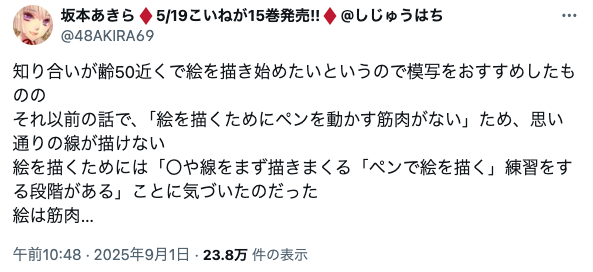 アニメーターやるならまず動画やって月に500枚こなせ
っていわれてるのはこれと効率よく量産する為の訓練
野球（最近評判悪いが）でいうノック。正く正面で捕球して投げ返すの繰り返し