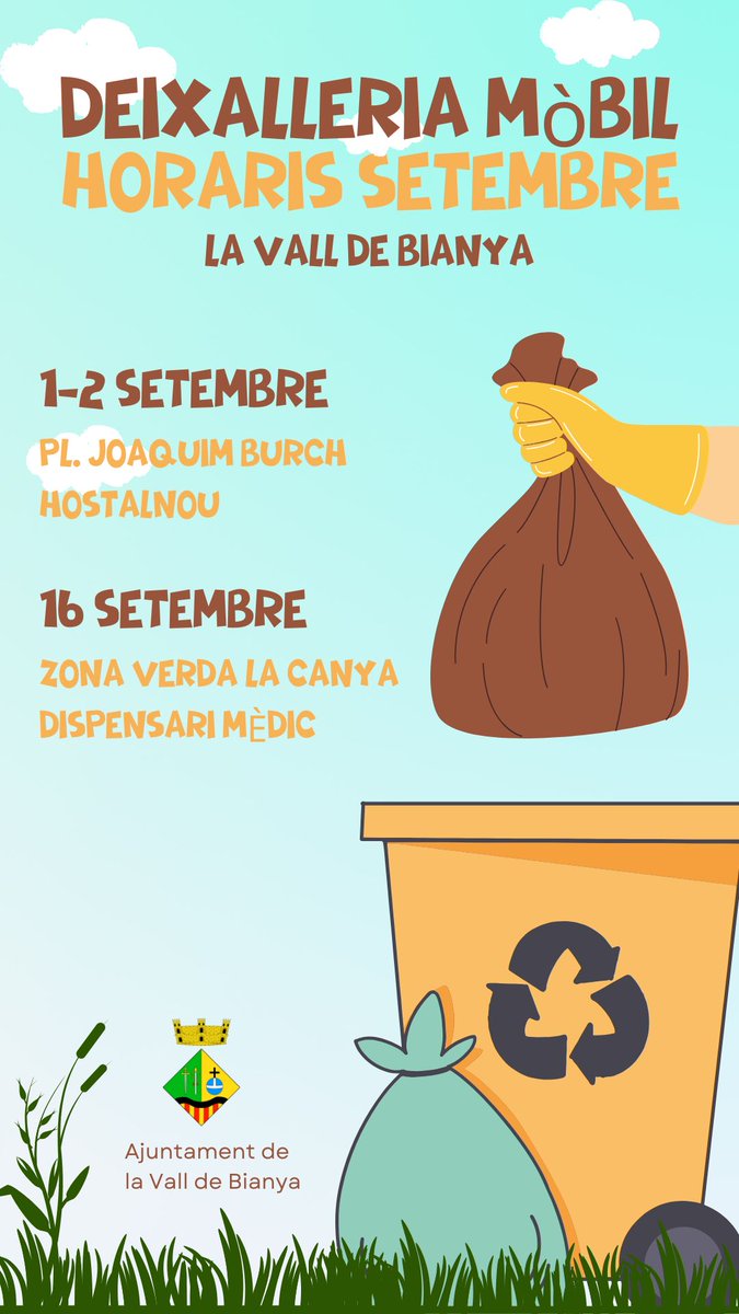 Avui i demà, trobareu la deixalleria mòbil, a la Plaça Joaquim Burch, a l'Hostalnou de Bianya.
<a href="/residuscat/">Agència de Residus</a>
<a href="/CCGarrotxa/">Consell Comarcal de la Garrotxa</a>
<a href="/santireixach/">Santi Reixach</a>