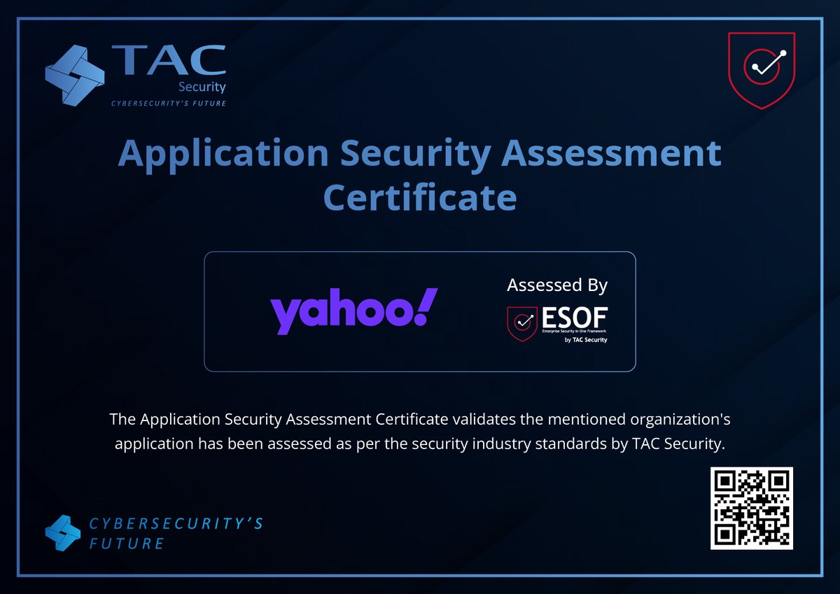 Another secure application in the ecosystem 

Congrats to <a href="/Yahoo/">Yahoo</a>  Inc. for earning their TAC Security App Security Certificate through #ESOF.

Together, we protect the future.

#TACSecurity #CyberResilience #SecureApps
