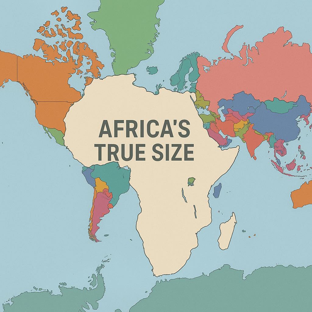 The Africa you see on standard maps is real in outline, but not in true scale. The real Africa is much bigger and more central to the world than many maps make it seem.

In truth, Africa is much larger than many people think. For example Africa is about 14 times larger than