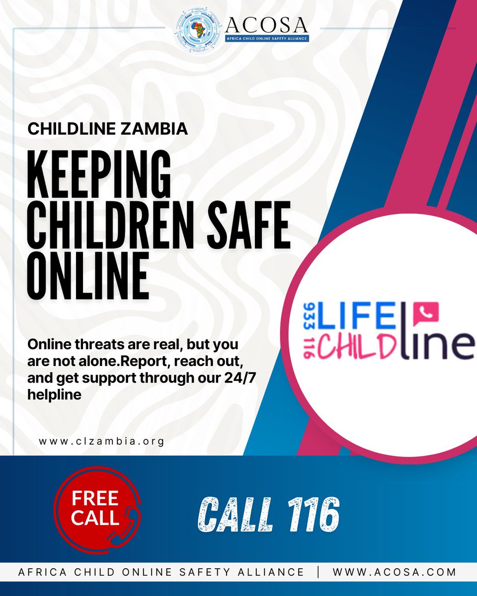 #HelpIsHere!
#Zambia

The internet should be safe for every child.
Save this number and share it.
 📞 116 (Free to Call)

Because protecting children is everyone’s responsibility.

clzambia.org
<a href="/clzambia/">LifeLine Child Line Zambia</a> 

#ChildOnlineProtection
#AfricaChildOnlineSafetyAlliance
