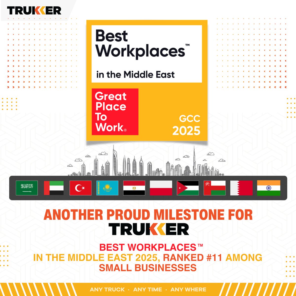 Another proud milestone for TruKKer! 
We’re ranked #11 in the Middle East 2025 Best Workplaces™ – Small Businesses by Great Place To Work.
This win belongs to every #ProudTruKKerati who fuels us with trust, pride, camaraderie &amp; innovation.

#BestPlaceToWork #TruKKer