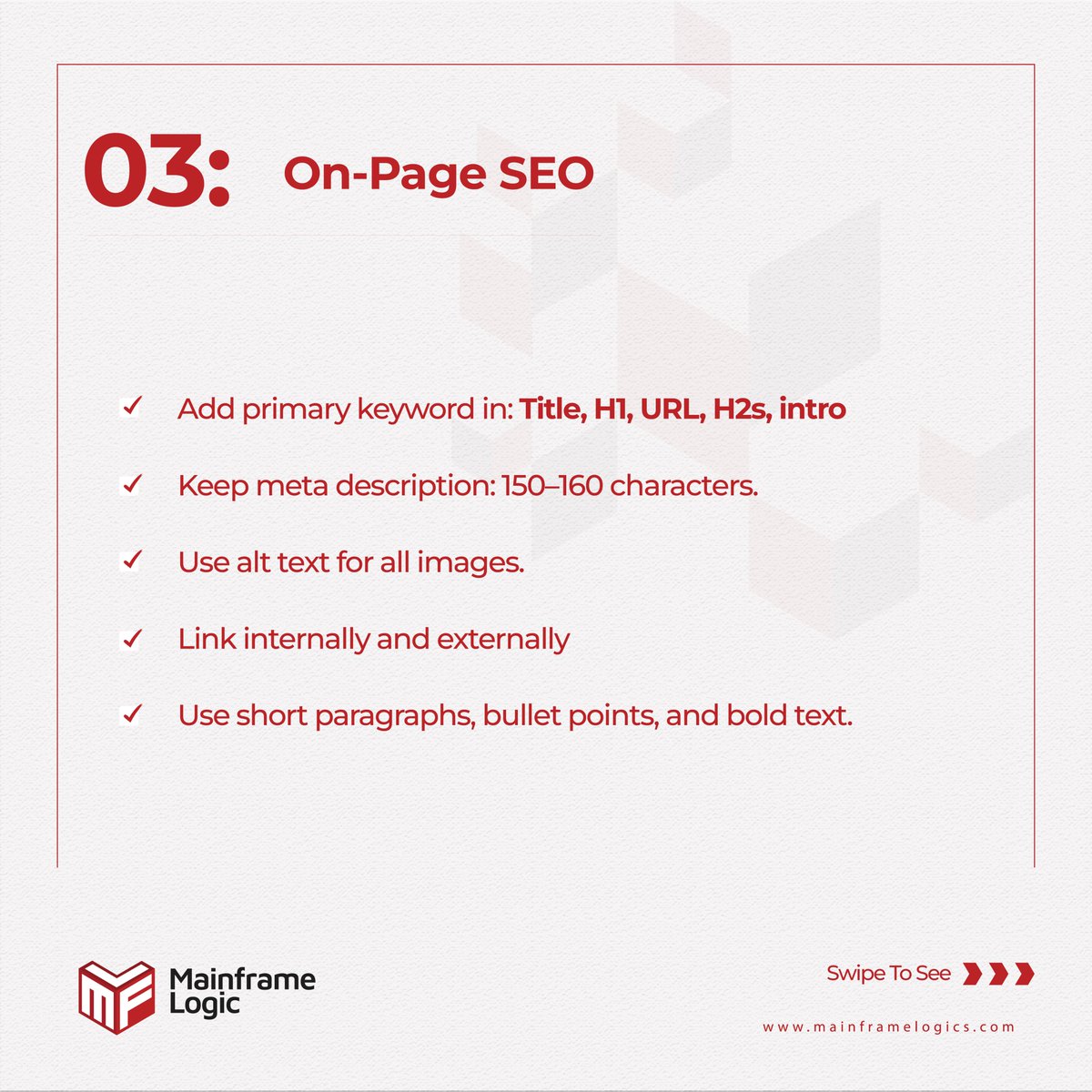 mainframelogic's tweet image. Writing blogs is easy.

Making them rank is the real game.

Here’s your quick SEO checklist to turn a good blog into a great one. Ready to hit publish?

#SEOChecklist #ContentOptimization #BlogTips #SearchEngineOptimization #MainframeLogic