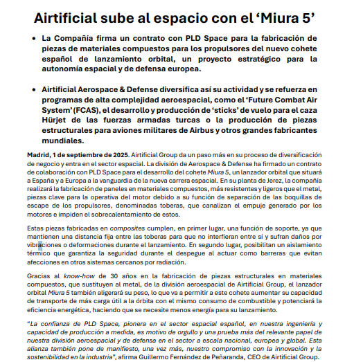#AIRTIFICIAL #AI 0,1156€

✍️Sobre la actualización del Fin de Semana, "Noticia ya tenemos".

📌Airtificial sube al espacio con el ‘Miura 5’