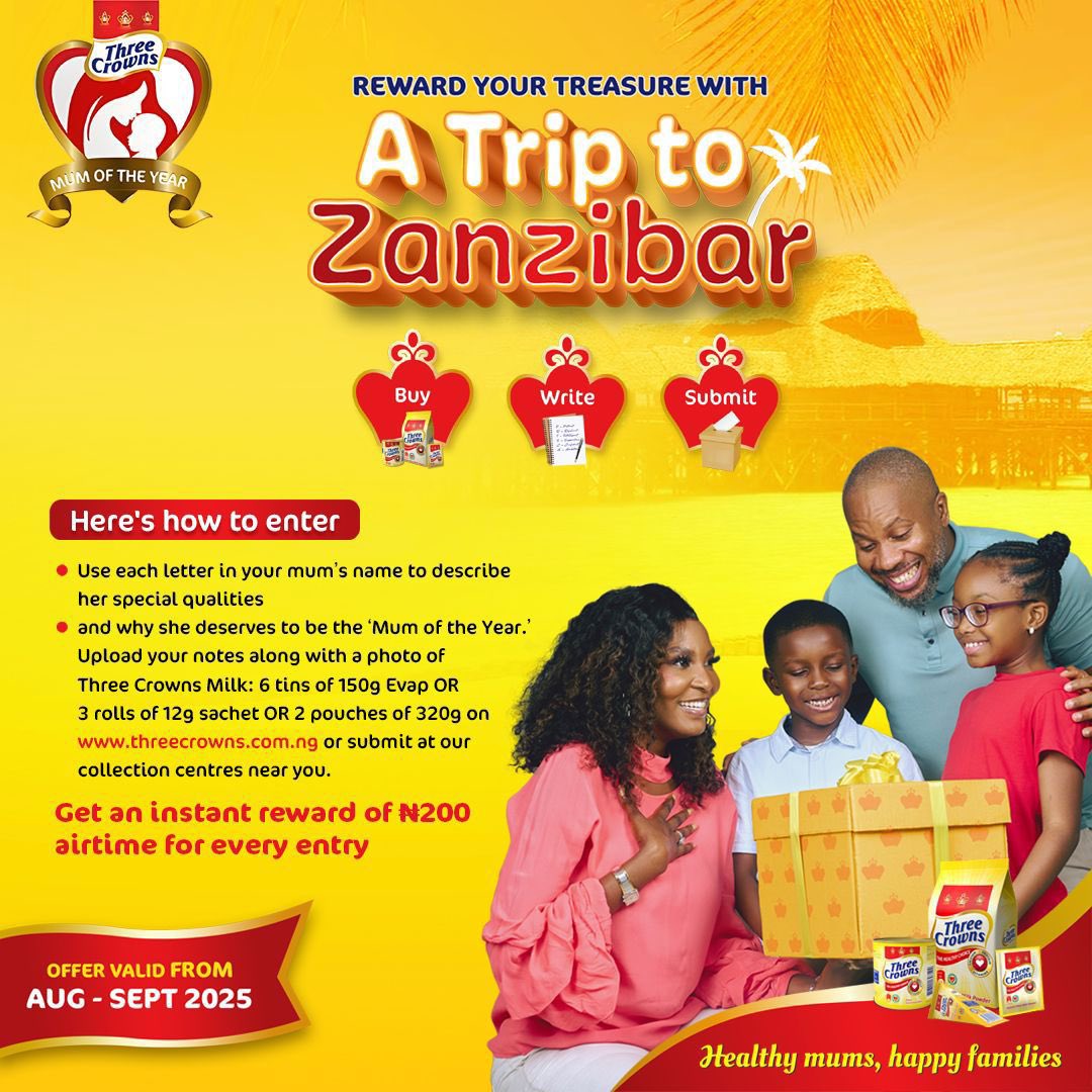 The <a href="/3crownsmilk/">Three Crowns Milk</a> Mum of the Year contest is BACK!  

Celebrate your mum with a heartfelt tribute using the letters of her name to share her unique story. Win her an unforgettable trip to Zanzibar plus incredible prizes for the whole family! #TCMOTY2025
#RewardYourTreasure