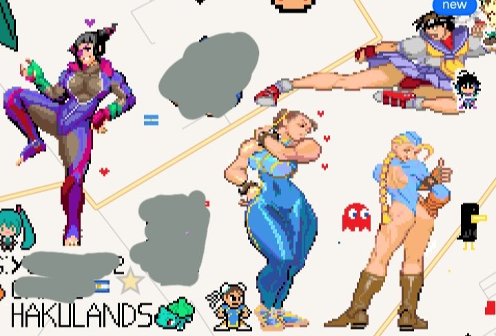 Hakulands's tweet photo. No es mi arte original pero es lo que hice en #wplace
Del videojuego Street Fighter: Juri, Chun Li, Cammy y Sakura.
Y un Bulbasaur chiquito.

(Diseño de Chun Li por: @Omarsitoytx1) https://t.co/ZegJ9APDzO