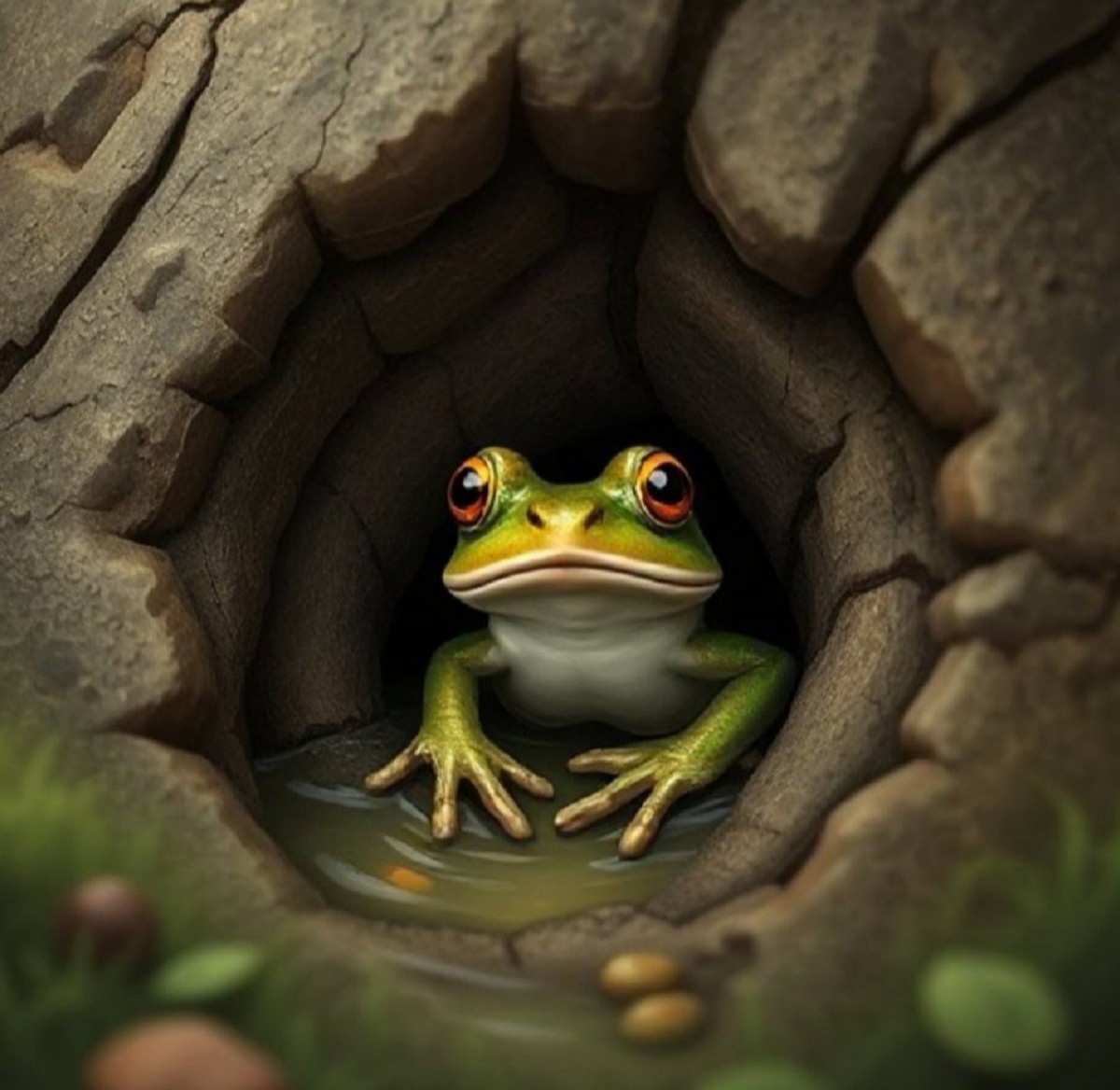 암호화 혁신의 'ribbit hole'을 상징하는 바위 구멍에서 고개를 내미는 귀여운 초록 개구리