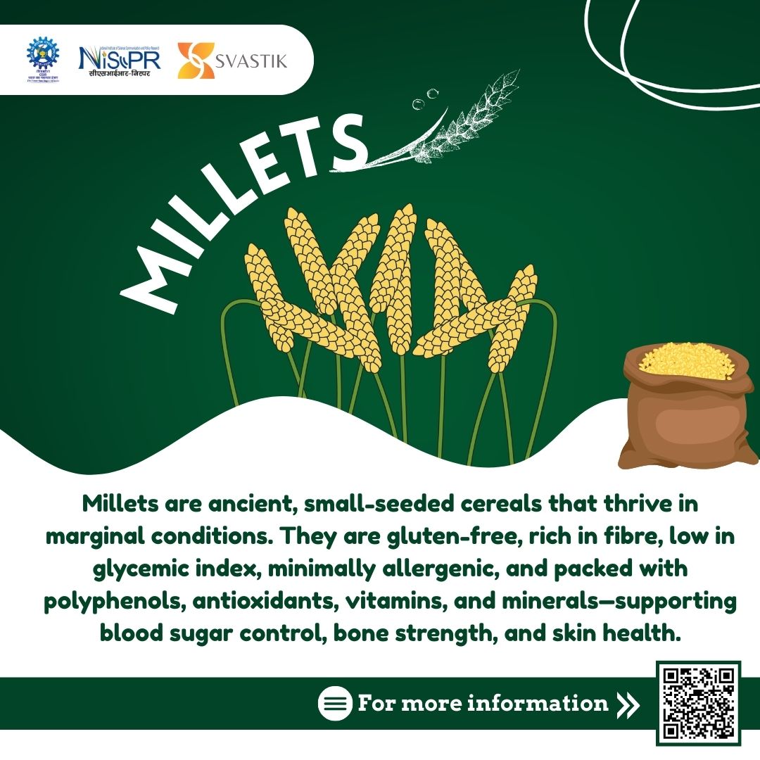 NIScPR-SVASTIK (@niscpr_svastik) on Twitter photo Celebrate this #NationalNutritionWeek with #SVASTIK Stories! Explore India’s traditional foods & crops that are rich in cultural wisdom, sustainability & health benefits.
Let's learn about the hidden gems of nutrition & sustainability - #Millets! 🌾
<a href="/CSIR_IND/">CSIR, India</a> <a href="/CSIR_NIScPR/">CSIR-NIScPR</a> Celebrate this #NationalNutritionWeek with #SVASTIK Stories! Explore India’s traditional foods & crops that are rich in cultural wisdom, sustainability & health benefits.
Let's learn about the hidden gems of nutrition & sustainability - #Millets! 🌾
<a href="/CSIR_IND/">CSIR, India</a> <a href="/CSIR_NIScPR/">CSIR-NIScPR</a>