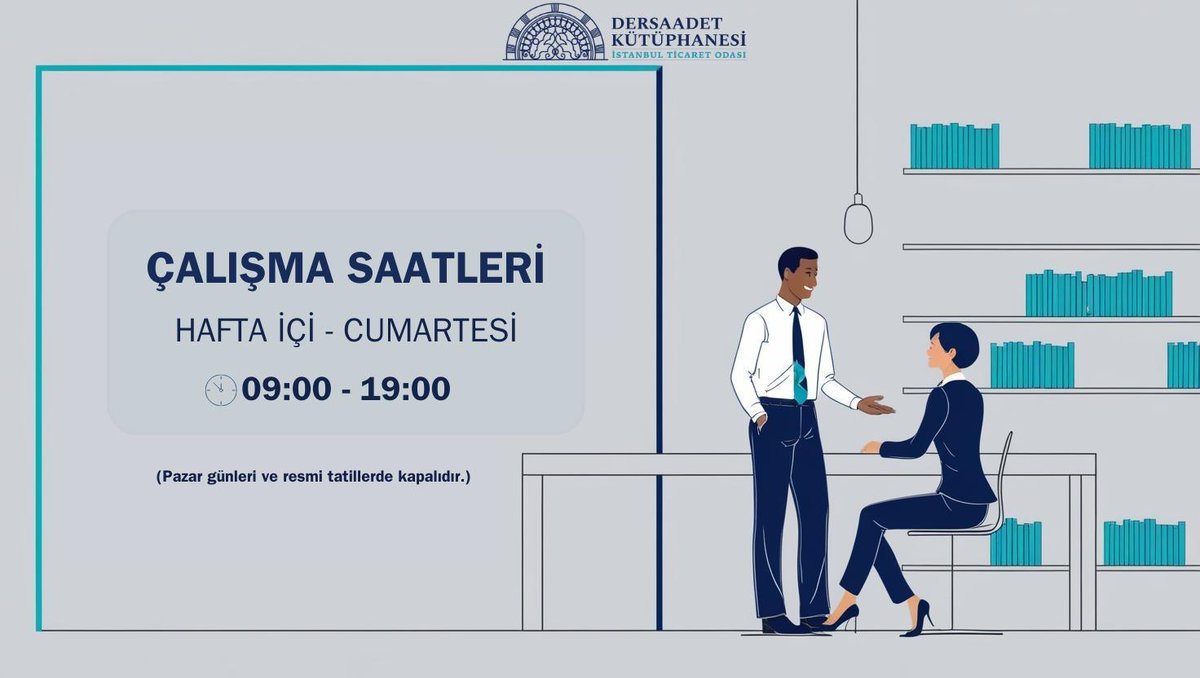 Çalışma Saatleri 📍
Hafta içi - Cumartesi 
09:00-19:00

#çalışmasaatleri #haftaiçi #cumartesi #kutuphaneler #library #book #kitapsever #üniversite #istanbul #öğrenci #konferans #bilgi #veri #ito #eminönü #kaynak #okumasalonu