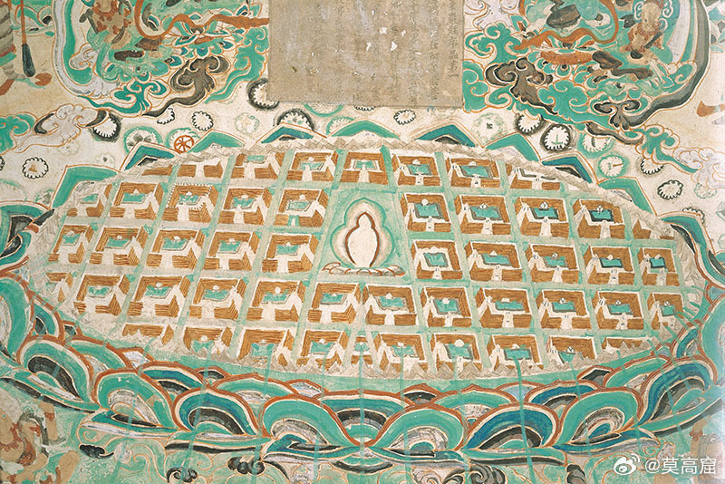 Explore the fusion of art and history in this #Dunhuang mural from Cave 85!
The city, symbolically blooming on a lotus, features a grid-like layout inspired by the historical "Lifang" system (Chinese:里坊制), which organized cities into walled districts for efficient management.