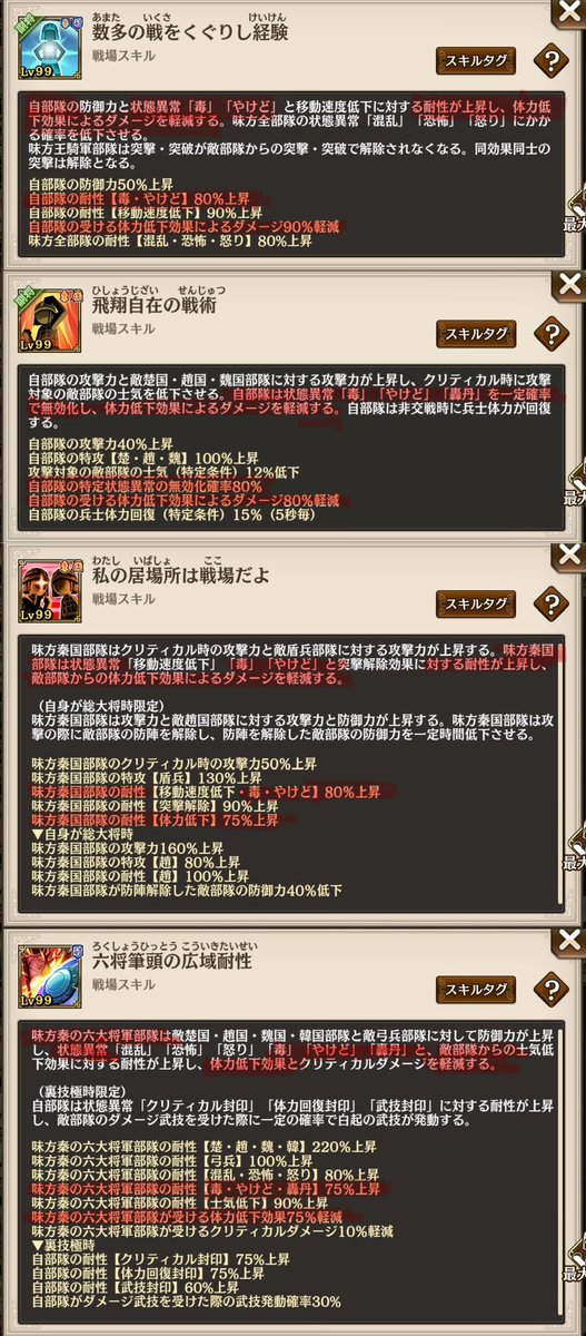 holychevalier's tweet photo. 今週の第三戦場

【やけど】
王齕155%
白起155%
王騎（騰）235%
摎155%
司馬錯:155% 更に確率無効80%

【体力低下】
王齕150%
白起150%
王騎（騰）240%
摎150%
司馬錯230%

舜水樹は武将固有特性でやけど耐性を幾ら下げられるのか😅（🟩部）
🟪の体力低下はほぼ喪失
それぞれ100%到達はダメージ1に https://t.co/QQgx5uHrQq