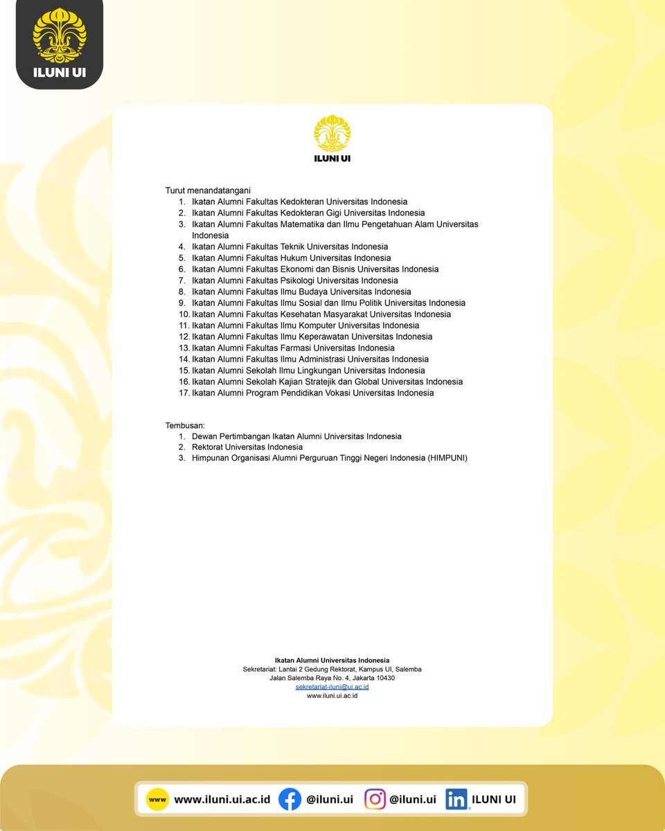 Alhamdulillah, setelah dilantik resmi kemarin, ILUNI UI telah berkoordinasi dengan semua ILUNI Fakultas, Sekolah dan Vokasi UI. Pernyataan sikap ini dibuat dengan suara bulat dari kami semua! Mari kita jaga terus suasana yang kondusif, saling jaga sesama warga.