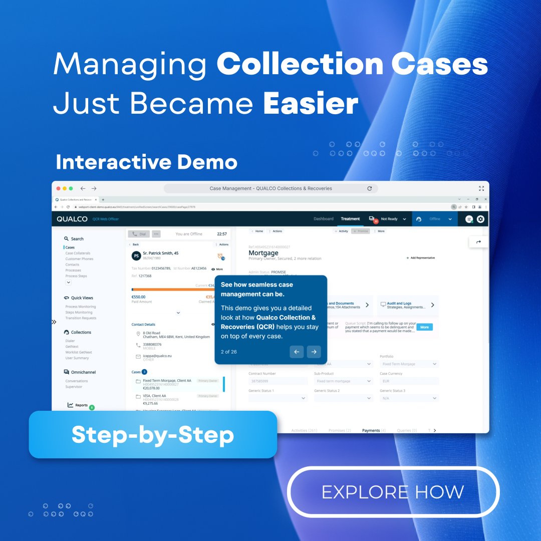 qualco_sa's tweet image. A new #InteractiveDemo is officially here! Explore how #QCR lets you manage every case in one place. Get ready to track all activity, access linked financial data, follow predefined scripts and more.  
Sounds Interesting? Access demo 👉 bit.ly/461HBLn