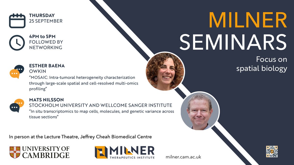 Milner Therapeutics Institute (@themilnerinst) on Twitter photo 📣 Milner Seminars: Focus on spatial biology
Please join us on 25 September for the next instalment of our seminar series, with talks from Esther Baena (<a href="/OwkinScience/">Owkin</a>) and Mats Nilsson (<a href="/Stockholm_Uni/">Stockholm University</a> and <a href="/sangerinstitute/">Wellcome Sanger Institute</a>).
Find out more and register: ow.ly/xA2250Wu1Rz 📣 Milner Seminars: Focus on spatial biology
Please join us on 25 September for the next instalment of our seminar series, with talks from Esther Baena (<a href="/OwkinScience/">Owkin</a>) and Mats Nilsson (<a href="/Stockholm_Uni/">Stockholm University</a> and <a href="/sangerinstitute/">Wellcome Sanger Institute</a>).
Find out more and register: ow.ly/xA2250Wu1Rz