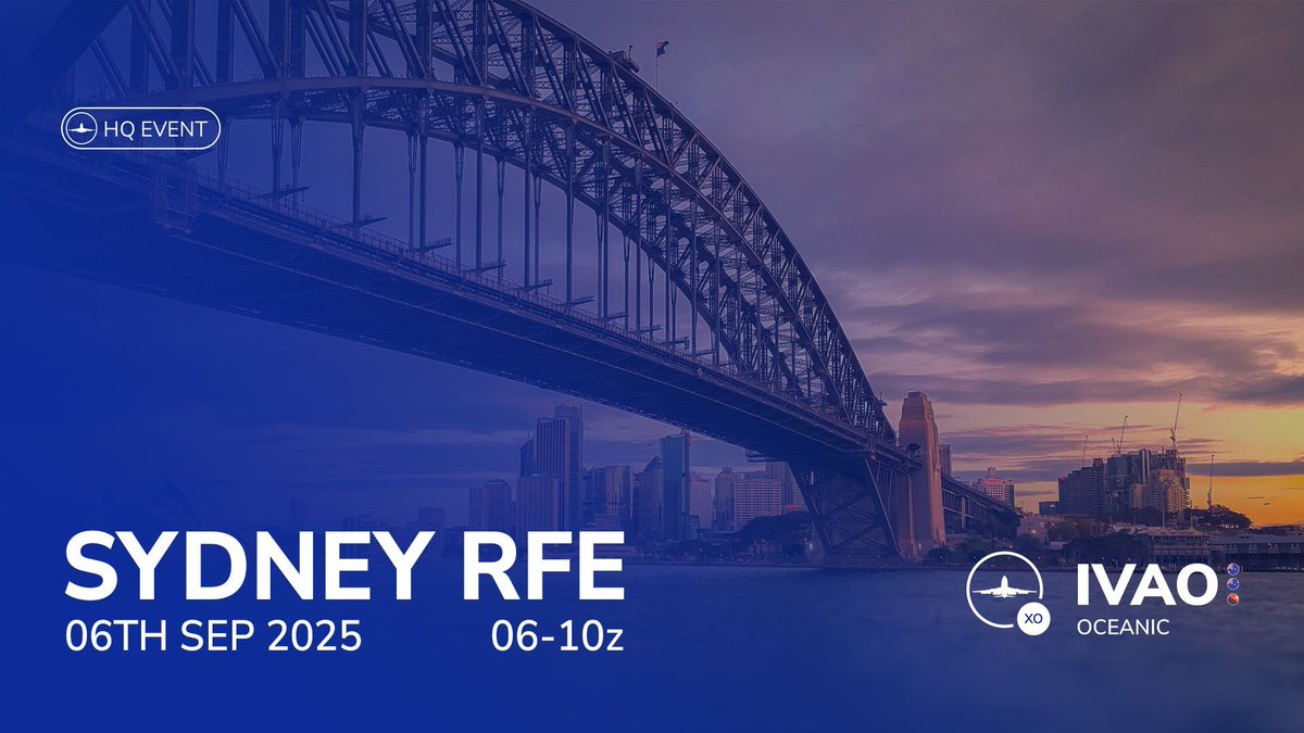 🌏✈️ Sydney RFE is here!
📅 06 SEP 2025 | ⏰ 06z–10z
📍 YSSY – Kingsford Smith

Australia’s busiest airport awaits! Full ATC, real slots &amp; the iconic morning rush.
🔗 Book your flight now: booking.xo.ivao.aero/event/6 

#IVAO #RFE #Sydney