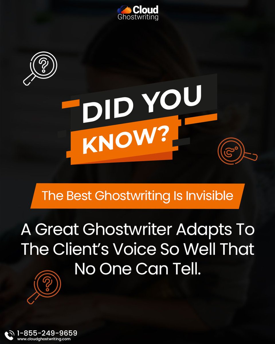 CloudGW9's tweet image. A great ghostwriter adapts to your voice so seamlessly, no one can tell it wasn’t you. That’s the magic of professional ghostwriting—your story, told your way, with expert skill. 👻✍️ cloudghostwriting.com

#CloudGhostwriting #Ghostwriting #Ghostwriter #InvisibleGhostwriting