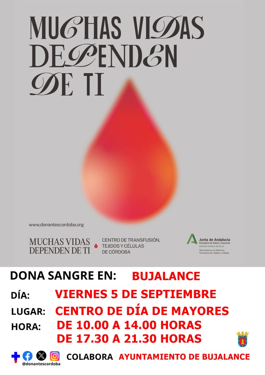 Ayto_Bujalance's tweet photo. 🩸 ¡MUCHAS VIDAS DEPENDEN DE TI! 
El 5 de septiembre, en #Bujalance, tienes una cita solidaria para salvar vidas. ❤️

📍 Centro de Día de Mayores
🕙 Horario:

Mañana: 10:00 a 14:00 h

Tarde: 17:30 a 21:30 h

Cada donación cuenta, cada gota salva. 💉
#DonaSangre @donantescordoba https://t.co/9n2nEjcIDa