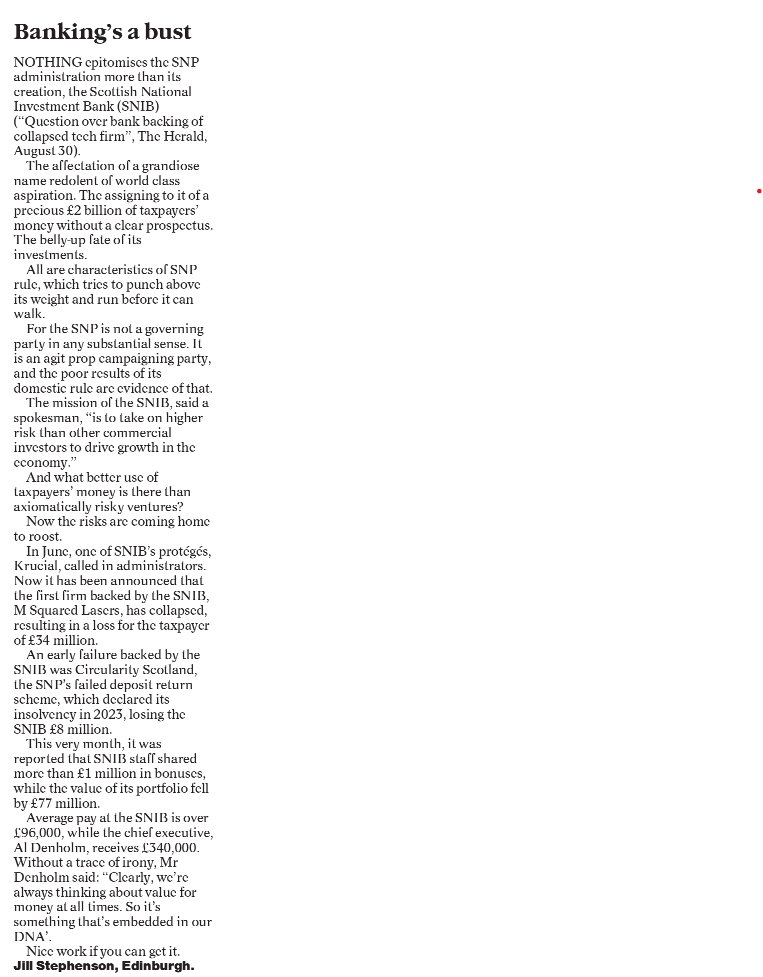 Jane Lax - MND - find a cure (@janela_x) on Twitter photo Superb letter by <a href="/2351onthelist/">Historywoman</a> regarding the SNIB, Scottish National Ineptitude Bank. If banks and investors think something is too risky, why is the taxpayers' money being put in jeopardy? Maybe the UK govt should tell the SNP they can't use the money for dodgy deals. Superb letter by <a href="/2351onthelist/">Historywoman</a> regarding the SNIB, Scottish National Ineptitude Bank. If banks and investors think something is too risky, why is the taxpayers' money being put in jeopardy? Maybe the UK govt should tell the SNP they can't use the money for dodgy deals.