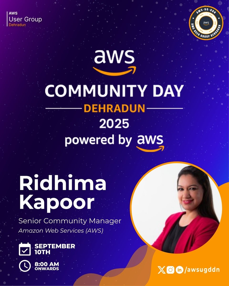 AWS User Group Dehradun (@awsugddn) on Twitter photo KEYNOTE SPEAKER REVEAL!
Ridhima Kapoor, Sr. Community Manager <a href="/awscloud/">Amazon Web Services</a>, is joining AWS Community Day Dehradun 2025! 13+ years of marketing excellence, community building expertise, and pure inspiration! This is going to be incredible! π #AWSCommunityDay KEYNOTE SPEAKER REVEAL!
Ridhima Kapoor, Sr. Community Manager <a href="/awscloud/">Amazon Web Services</a>, is joining AWS Community Day Dehradun 2025! 13+ years of marketing excellence, community building expertise, and pure inspiration! This is going to be incredible! π #AWSCommunityDay