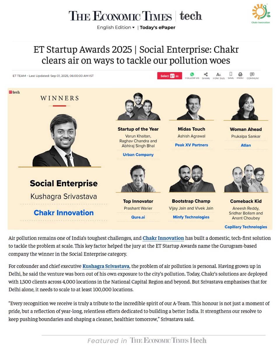 📰 Big news! @chakrinnovation is featured in <a href="/EconomicTimes/">Economic Times</a> (Pg 15) 🎉

Our CEO &amp; Founder, Kushagra Srivastava, has been honoured at the #ETStartupAwards 2025 🏆 —shaping India’s clean-tech future.

Read here 👉 lnkd.in/gU6JEFKZ

#CleanTech #ChakrInnovation #Sustainability