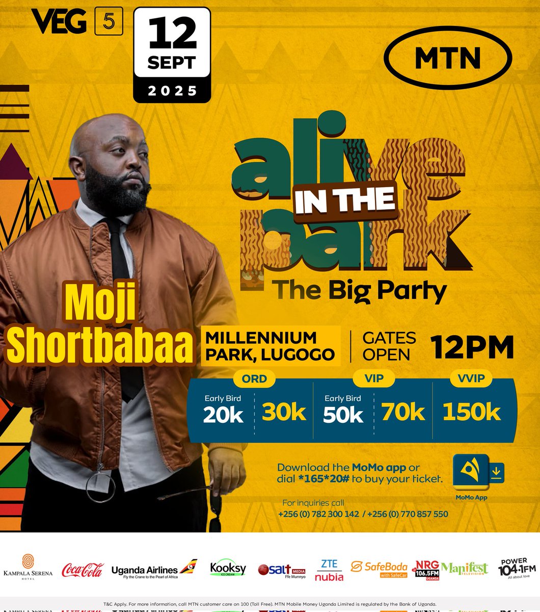 ShadeKuteesa's tweet photo. What's #TheBigParty without our neighbors? @mojishortbabaa will be representing Kenya. Grab your early bird ticket here https://t.co/dgNvSZylRT before they ran out. #AliveInThePark #VEGat5 https://t.co/6B8RMA2YIH