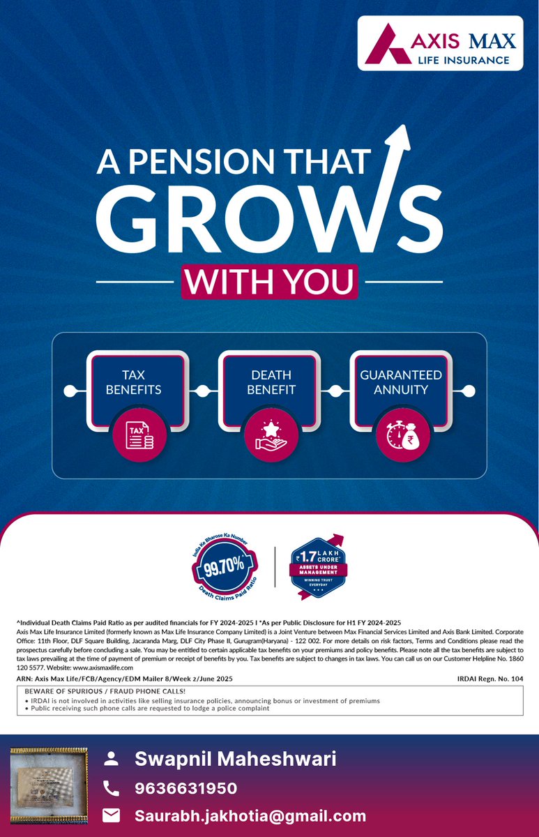 swap_maheshwari's tweet image. Your future deserves more than just savings!

Get a pension that grows with you:
1. Tax Benefits
2. Death Benefit
3. Guaranteed Annuity

Secure your tomorrow with Axis Max Life Insurance.

#SmartRetirement #GrowWithAxisMaxLife