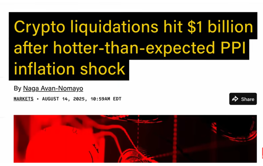 CoinsNewsToday's tweet photo. 🚨$1B wiped out in crypto liquidations after hotter-than-expected PPI sparks inflation fears. Markets remind us once again — volatility never sleeps.
#CryptoCrash #Liquidations #InflationShock #CryptoMarket #Bitcoin #Ethereum #BTC #CoinsNewsToday https://t.co/ojxKGsxWrC