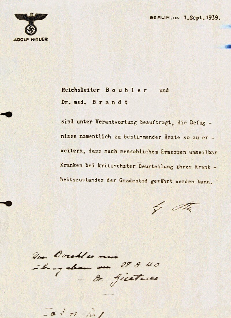 This letter, signed by Hitler, dated this day in 1939, authorised involuntary "mercy deaths" for disabled, mentally ill and incurably sick people. Between 275,000 and 300,000 people were killed in psychiatric hospitals.