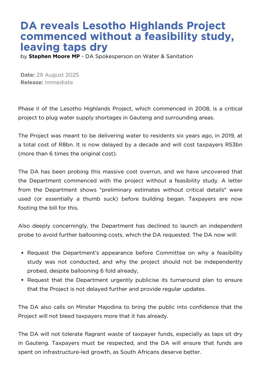 Phase II of the Lesotho Highlands Water Project is a vital supply line for Gauteng. 

It should have been delivering water in 2019 at a total cost of R8 billion. 

A decade later, costs have exploded to R53 billion — and we’ve uncovered that the Department started without a
