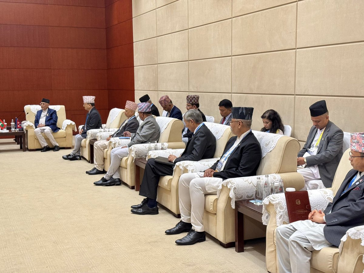 The President's Office (@presidencymv) on Twitter photo His Excellency President Dr <a href="/MMuizzu/">Dr Mohamed Muizzu</a> meets the Rt Hon <a href="/kpsharmaoli/">K P Sharma Oli</a>, Prime Minister of Nepal, on the sidelines of the SCO Summit at the Tianjin Meijiang Convention Centre.
The leaders reaffirmed the close Maldives–Nepal ties and their shared commitment to deepen cooperation in His Excellency President Dr <a href="/MMuizzu/">Dr Mohamed Muizzu</a> meets the Rt Hon <a href="/kpsharmaoli/">K P Sharma Oli</a>, Prime Minister of Nepal, on the sidelines of the SCO Summit at the Tianjin Meijiang Convention Centre.
The leaders reaffirmed the close Maldives–Nepal ties and their shared commitment to deepen cooperation in