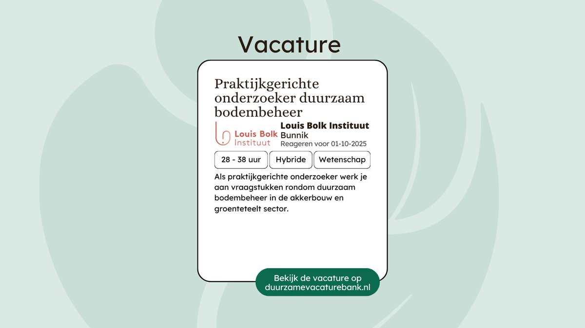 Je onderzoekt duurzaam bodembeheer en bodemgezondheid in relatie tot maatschappelijke opgaven rond weerbare teelten, klimaat, waterbeheer en -kwaliteit, en het versterken van biodiversiteit.

Meer weten? 👉 duurzamevacaturebank.nl/vacature/louis…

#vacature #duurzamevacature #duurzaamwerk