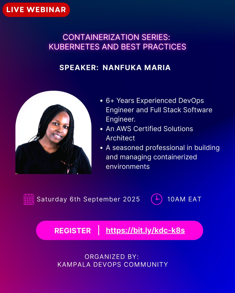 kyandaks's tweet image. Join #KampalaDevOpsCommunity for the 2nd session in our containerization series! 
Recording for 1st successful session can be found here - youtube.com/watch?v=3ZXJ0M…
We&apos;re shifting focus to container orchestration with a deep dive into #Kubernetes 
Register➡️bit.ly/kdc-k8s