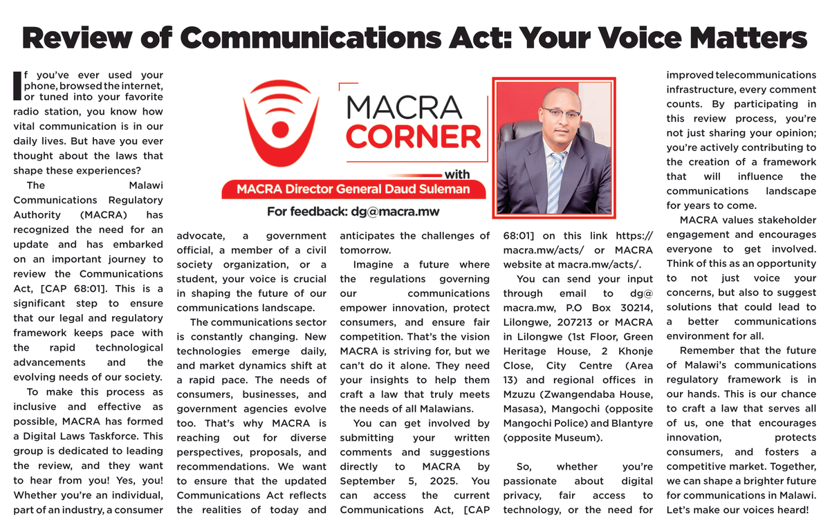 MACRAMALAWI's tweet photo. Have your say on Malawi’s communications future!
MACRA is reviewing the Communications Act & wants your input. Submit ideas by 5 Sept 2025 to help shape a law that works for all.
#MACRA #mwCERT #USF #MUUNIFundMW #DataProtectionAuthoritymw #TollFree261 https://t.co/tIGabGDXAJ