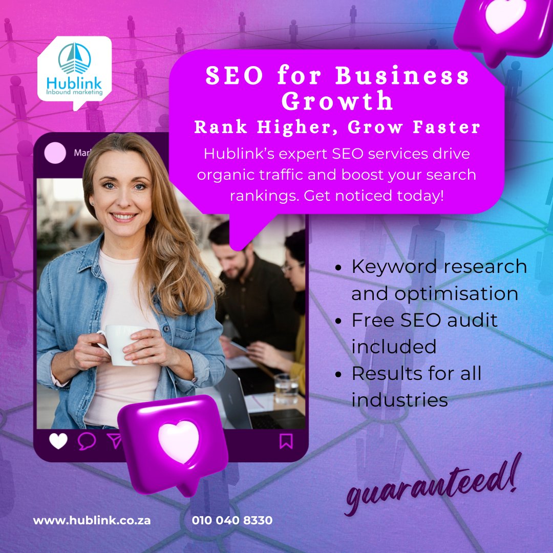 Hublink0603's tweet image. Rank higher, grow faster with Hublink’s SEO services! 📷 Our proven strategies boost your search rankings. Free audit included! 📷
📷 marketing@hub
📷 010 040 8330Join today hublink.co.za/join-marketing…
#growonline #Hublink #SEO #OrganicTraffic #GrowOnline