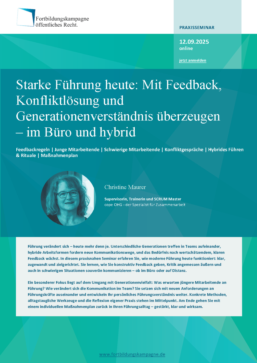 👉Für dieses Thema empfehlen wir unser Seminar am 12.09.25: Starke Führung heute mit Christine Maurer. Es sind noch Plätze frei!
✍️Agenda: agenda.fortbildungskampagne.de/Agenda_Starke_…
#HumanResources #Führungskultur #Weiterbildung