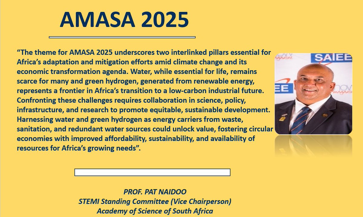 NASAConlineOrg's tweet image. 📢 “Collaboration in science, policy &amp;amp; research is key to tackling Africa’s water &amp;amp; energy challenges.” – Prof. Pat Naidoo
Meet us in Rabat 🇲🇦 for #AMASA2025 | 17–21 Nov
Learn more:shorturl.at/zh1wO
#AMASA2025 #ClimateResilience #GreenHydrogen