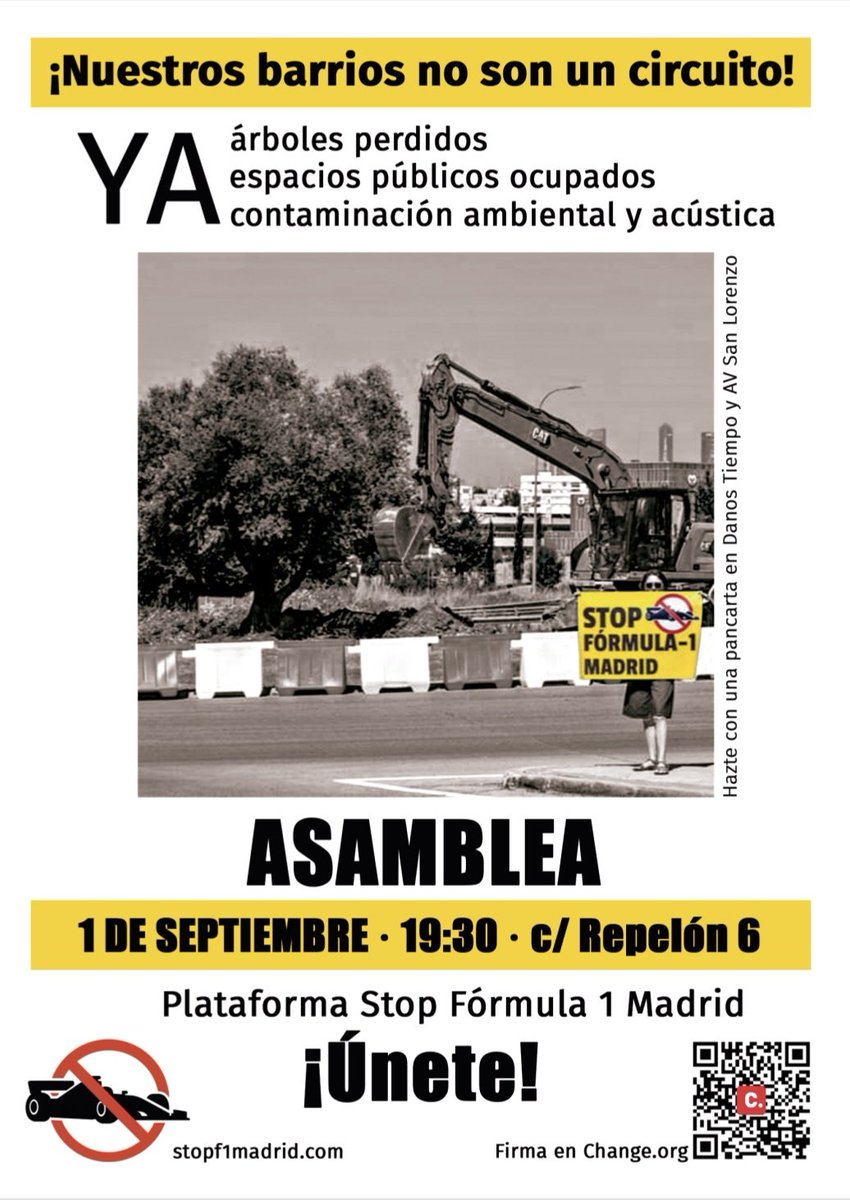 Contra el disparate de construir un circuito de Fórmula 1 frente a nuestros hogares no hay tiempo que perder 

📍 La plataforma Stop F1 Madrid vuelve a reunirse este lunes 1 de septiembre, a las 19.30h, en nuestro local de la calle Repelón 

Nuestros barrios no son un circuito ‼️