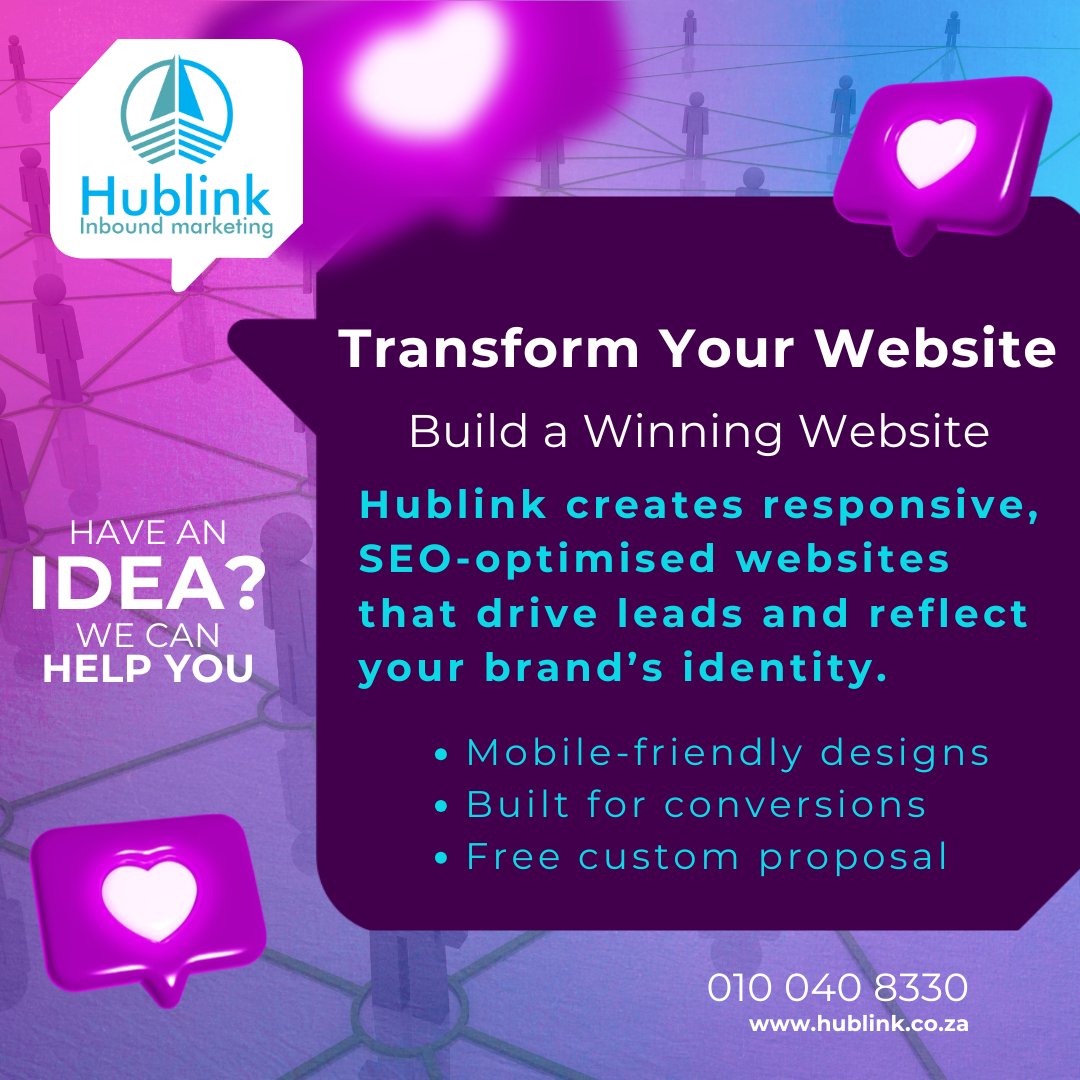 Hublink0603's tweet image. Transform your website with Hublink! 💻 Our responsive, SEO-optimized designs drive leads and reflect your brand. Let’s build yours! ✨
📞 010 040 8330
Join today:
hublink.co.za/website-domain…
#Hublink #WebsiteDesign #LeadGeneration #SouthAfrica