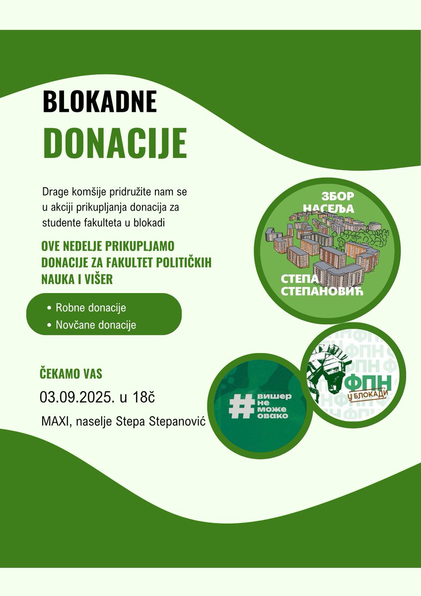 ZborStepa (@zborstepa) on Twitter photo Stepine blokadne donacije traju već 18 nedelja.
Ove srede smo uz <a href="/blokada_fpn/">Blokada FPN</a> i <a href="/viserblokada/">BLOKADA VIŠER</a>
Vidimo se na starom mestu Stepine blokadne donacije traju već 18 nedelja.
Ove srede smo uz <a href="/blokada_fpn/">Blokada FPN</a> i <a href="/viserblokada/">BLOKADA VIŠER</a>
Vidimo se na starom mestu