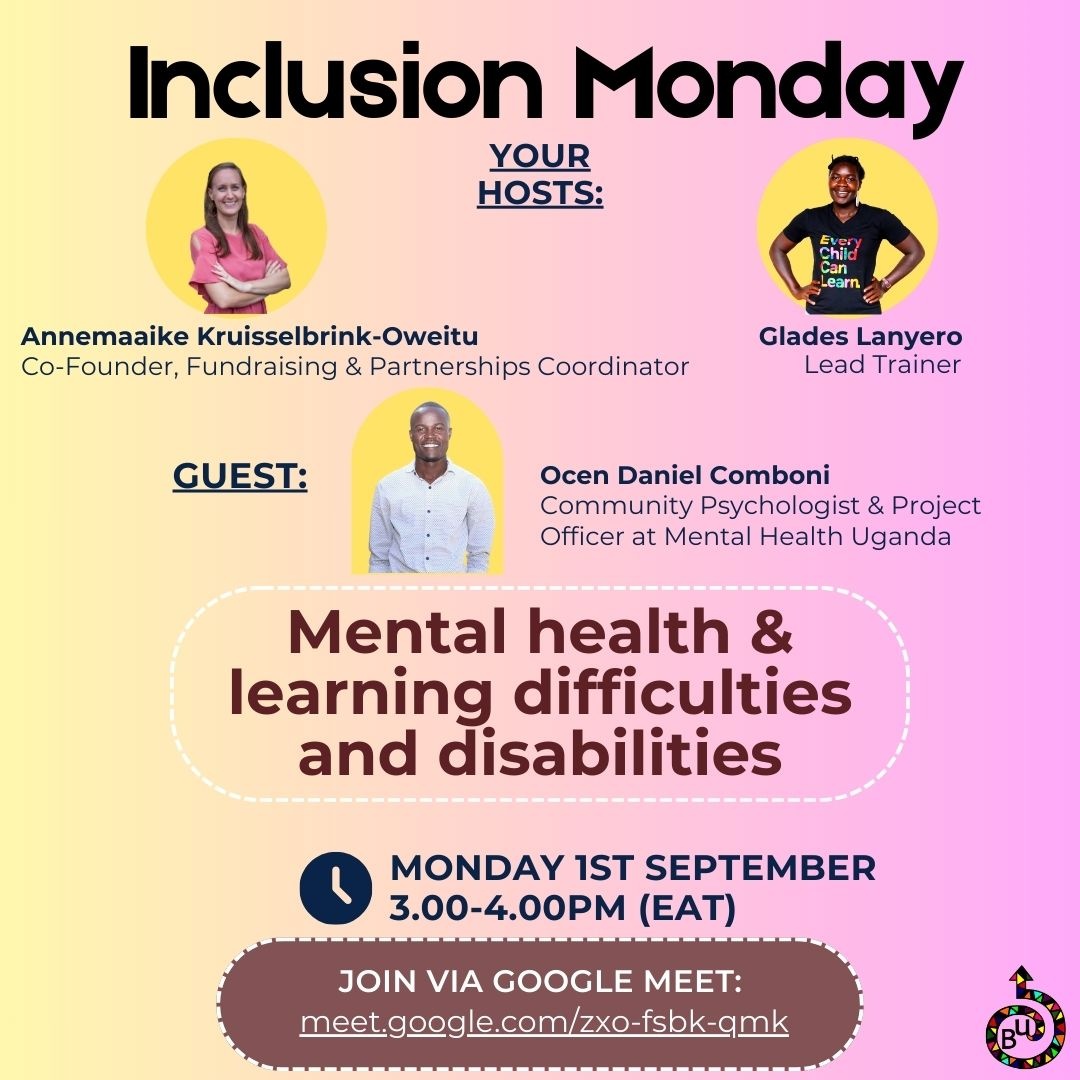 Backup_Uganda's tweet image. It’s #InclusionMonday! 💙

Today, we host Ocen Daniel Comboni, Community Psychologist, on:
🧠 Mental Health &amp;amp; Learning Difficulties/Disabilities
📅 3-4pm
 Sign up 👉 lght.ly/58o69j

#MentalHealth #LearningDifficulties #DisabilityInclusion