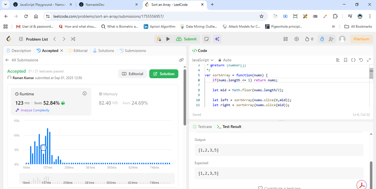 RamanRjha4647's tweet image. ✅18/100
Finally cracked Merge Sort and its O(N log N) complexity on #LeetCode ! 
This officially completes my Sorting module, all thanks to the incredible clarity of @akshaymarch7's teaching.
Next up: Linked Lists. Let's go! 🔥
#DSA #SortingAlgorithms #Developer