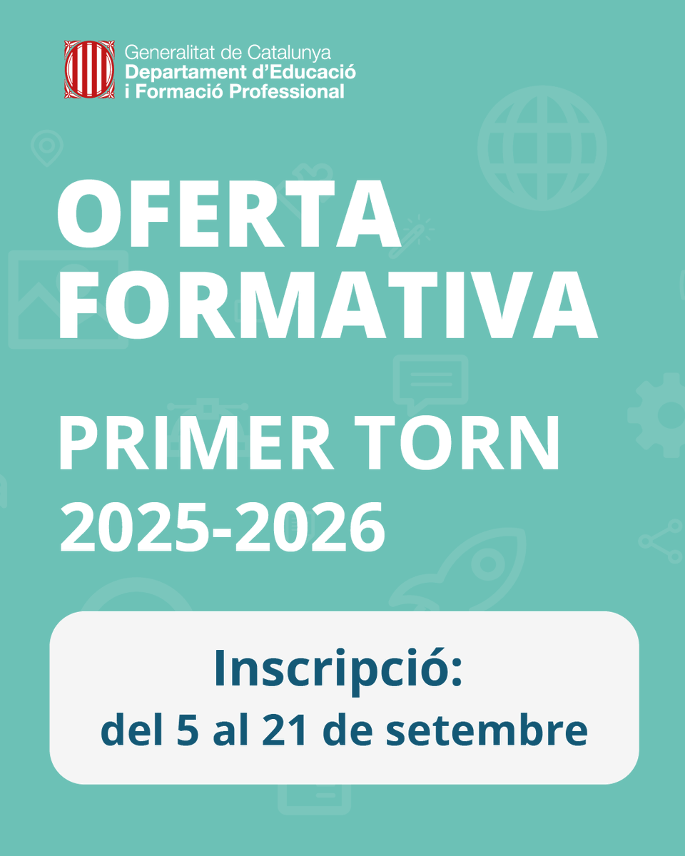 Aviat s'obrirà la convocatòria del primer torn de l'oferta formativa 2025-2026. Consulteu-ne l'enllaç.

📅 Inscripció: del 5 al 21 de setembre

🔗 xtec.gencat.cat/ca/formacio/in…

#AlsCentres