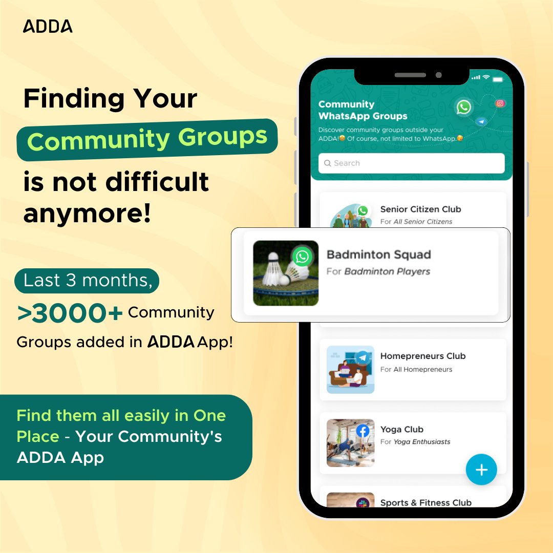 Long-time resident or newly moved in — finding the community social media group has always been a struggle.
But Not anymore!
With the new Social Media Groups feature on ADDA App, residents can find and join their community Groups from One Place - ADDA App!"

Since launch, the